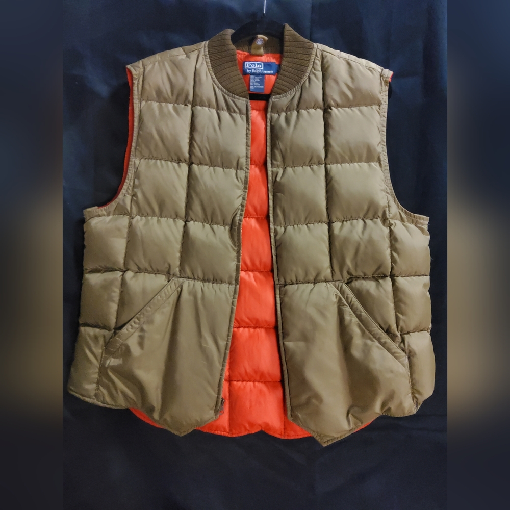 Packable Down Puffer Vest By Polo Ralph Lauren, Sz L Green/ Orange